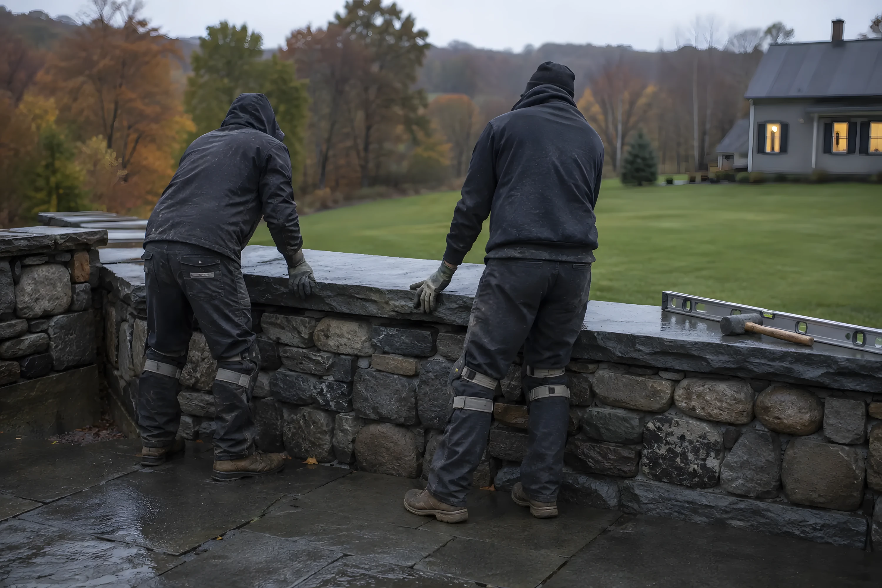 Two masons setting a bluestone cap stone on a dry-laid wall